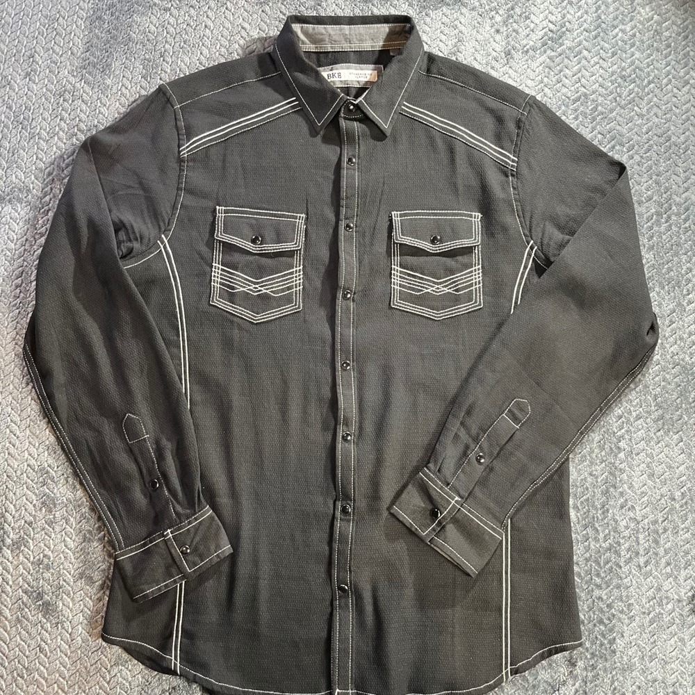 BKE Mens Standard Fit Long Sleeve Button‎ Up Shirt Black XL Contrast Stitching
